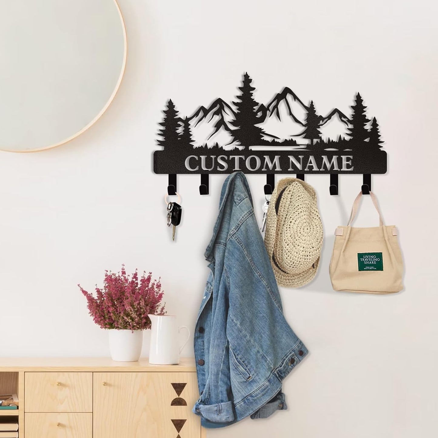 Personalized Custom Mountain Theme Key Holder with Name, Metal Wall Mount, Coat Rack, Key Hooks, Home Decor Gift
