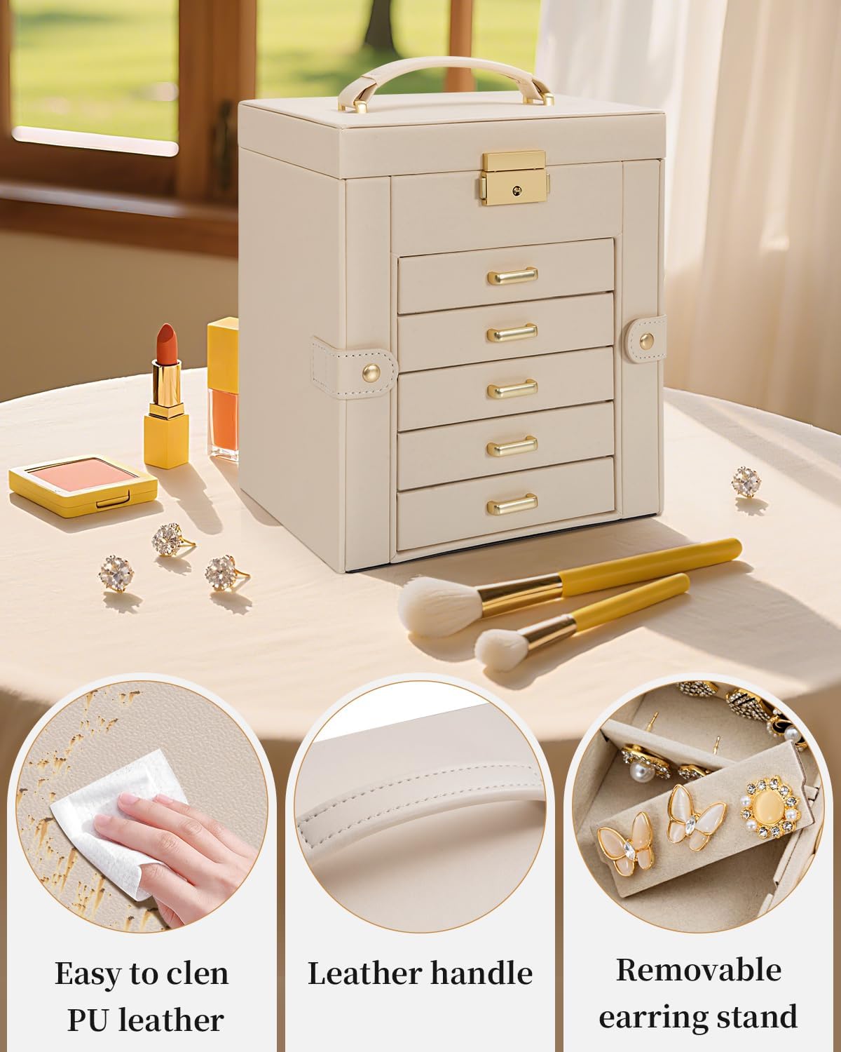 TORIBIO Large Jewelry Box for Women, Leather Jewelry Organizer with Mirror & Lock, 6-Tier Jewelry Storage Case for Girls/Women/Mothers, Necklace Earring Bracelets Holder Organizer