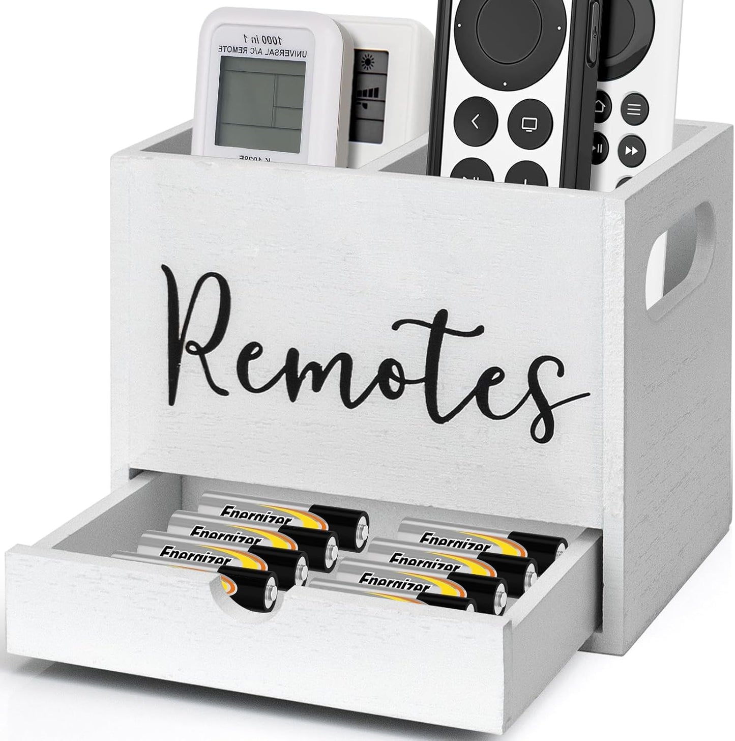 Remote Control Holder, 2 Slot TV Remote Holder& Desk Organizer with Drawers, Remote Organizer Caddy for Table, Wooden Remote Box for Nightstand,Media Storage Box for Living Room, Bed (White)