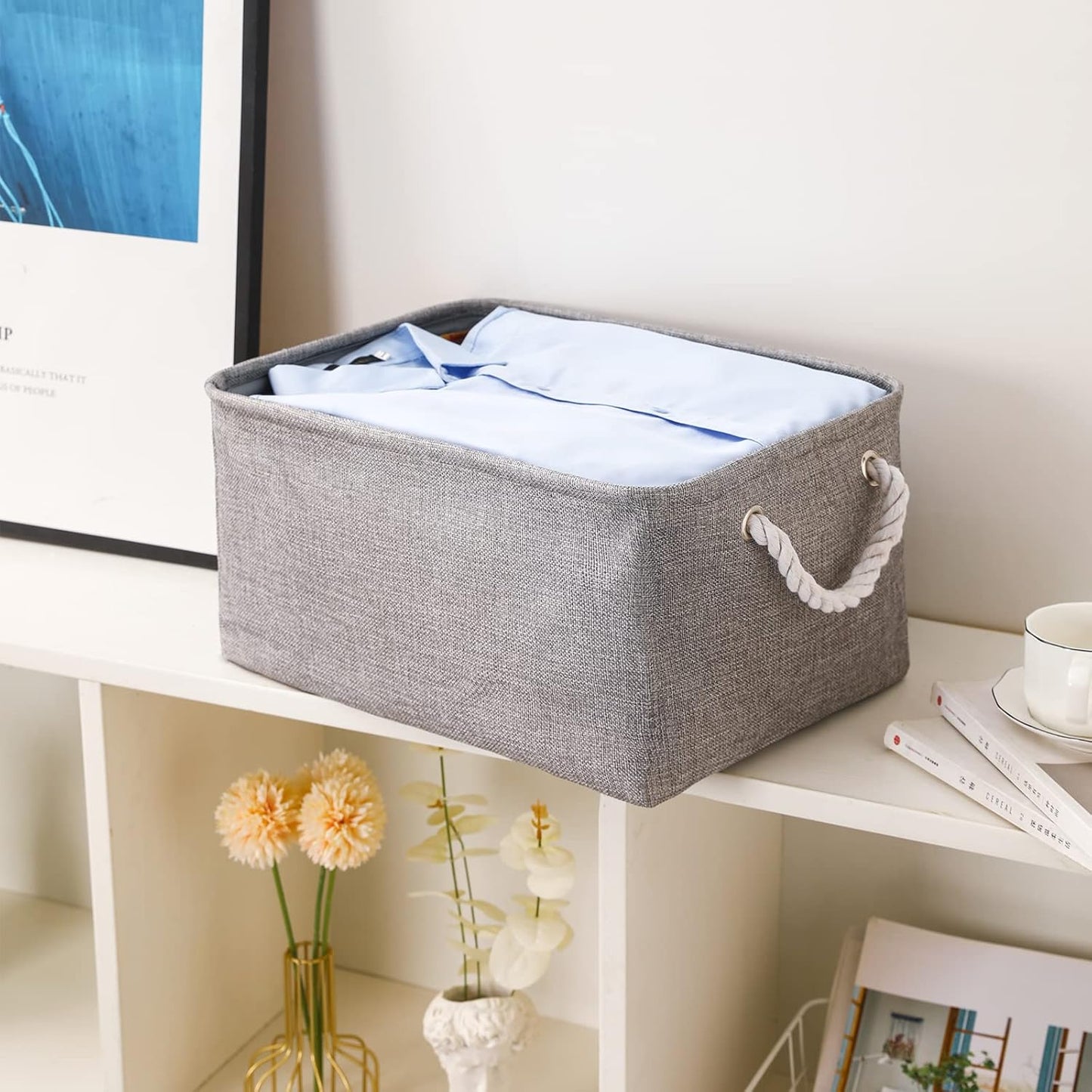 combocube 15.7 x 11.8 x 8.2 Inch Fabric Storage Bins for Shelves, Linen Storage Organizer Storage Basket with Ropes for Laundry, Home, Closet, Office, Clothes, Toys Organizer