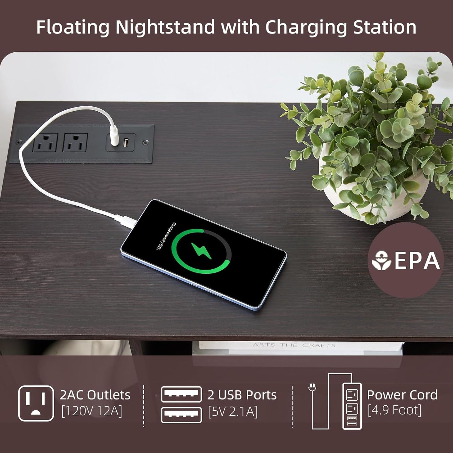 Modern Espresso Fluted Floating Nightstand with Charging Station, NightStand with Drawers, Bedside with USB Ports and Outlets, Bedroom Furniture (Set of 2)