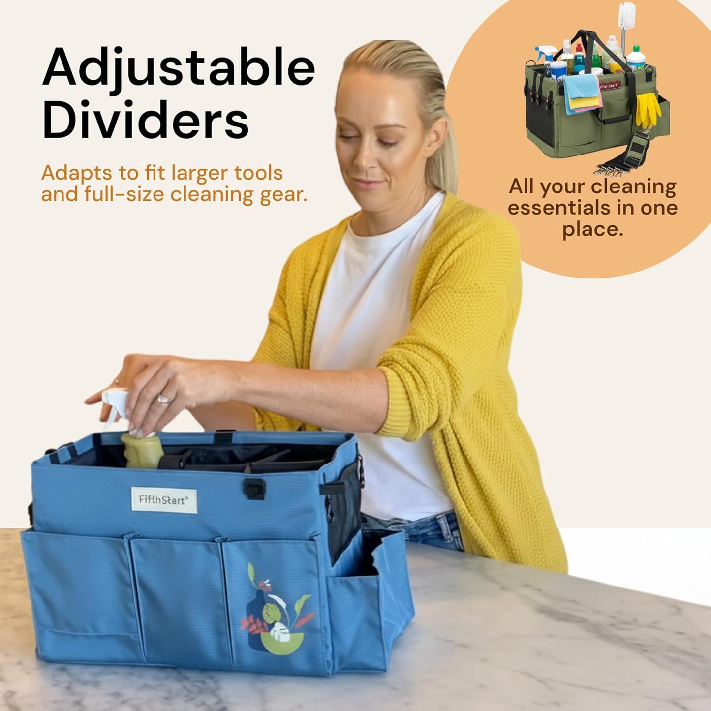 FifthStart Cleaning Caddy Bag for Professionals - Heavy-Duty Organizer with Shoulder Strap, 9 Pockets, Washable Mesh Base & Adjustable Compartments for Cleaning Supplies (Green, Large)