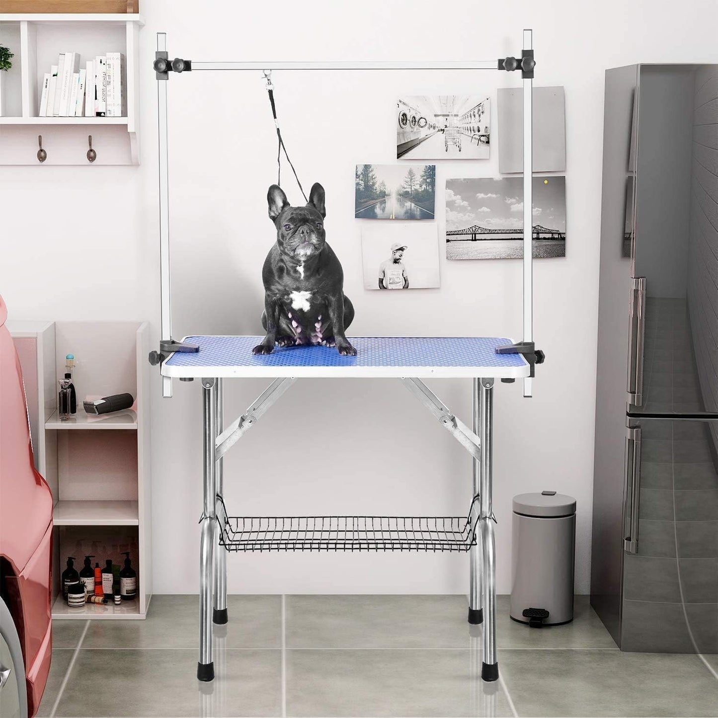 36" Dog Grooming Table Foldable Pet Grooming Tables with Adjustable Arm Noose Storage Mesh Tray Maximum Capacity Up to 330lbs Blue