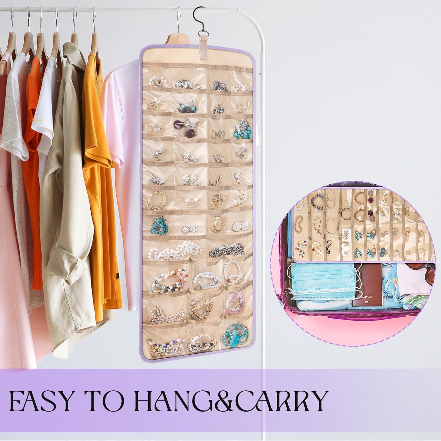 2 Pack Hanging Jewelry Organizer Storage with 39 Pockets, 30 Necklace Hooks Double Sided Wall Mount Earring Holder Organizer Bracelet Necklace Jewelry Display Hanger for Closet Door (Purple)