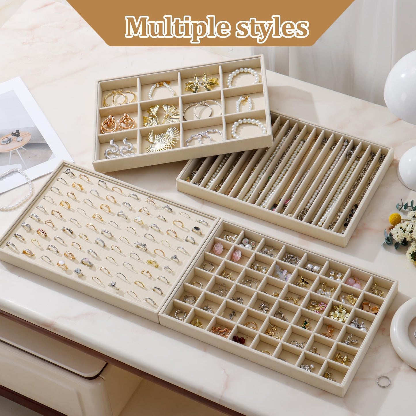 Large Jewelry Organizer for Drawer Insert Velvet Stackable Jewelry Trays for Earring Necklace Bracelet Ring Display (Beige, 16 Grids)