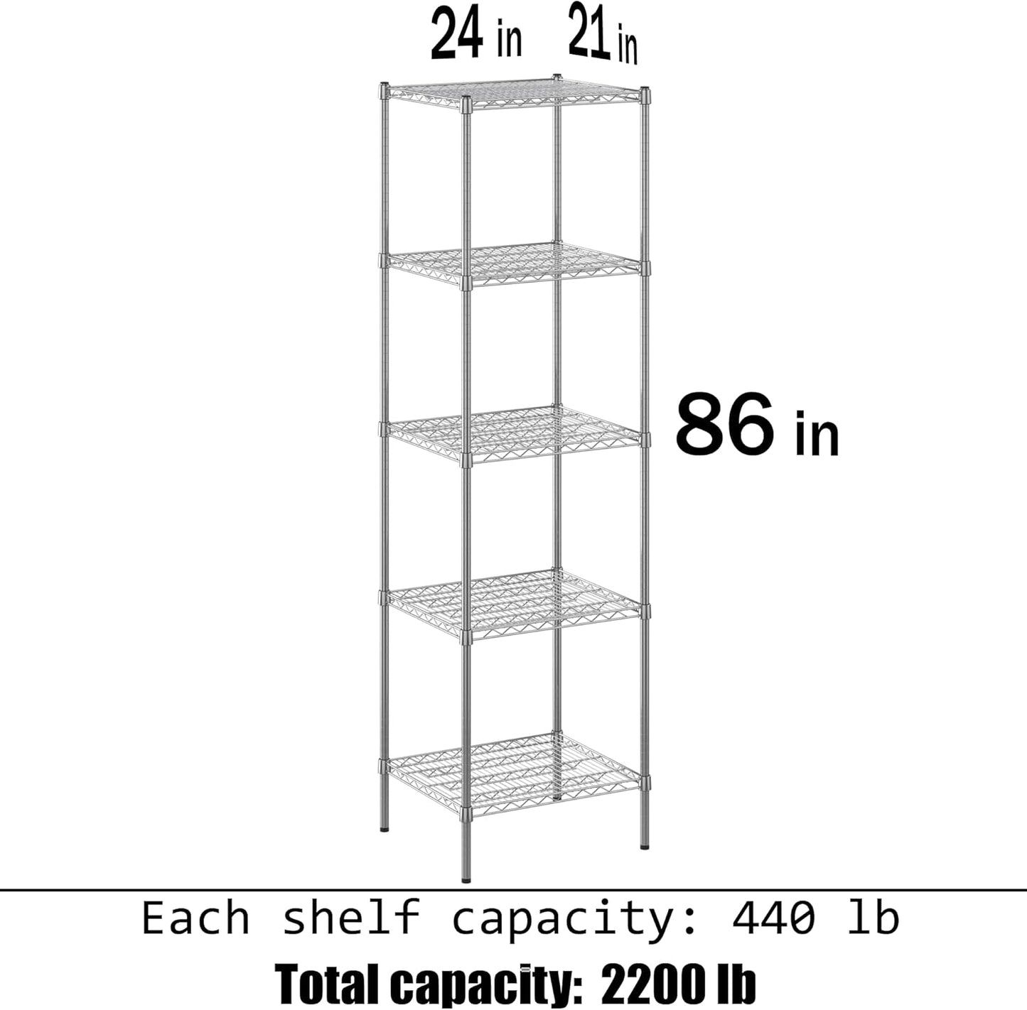 21" Deep x 24" Wide x 86" Height Wire Shelving Kit | 5-Tier | NSF Commercial Storage Rack Unit