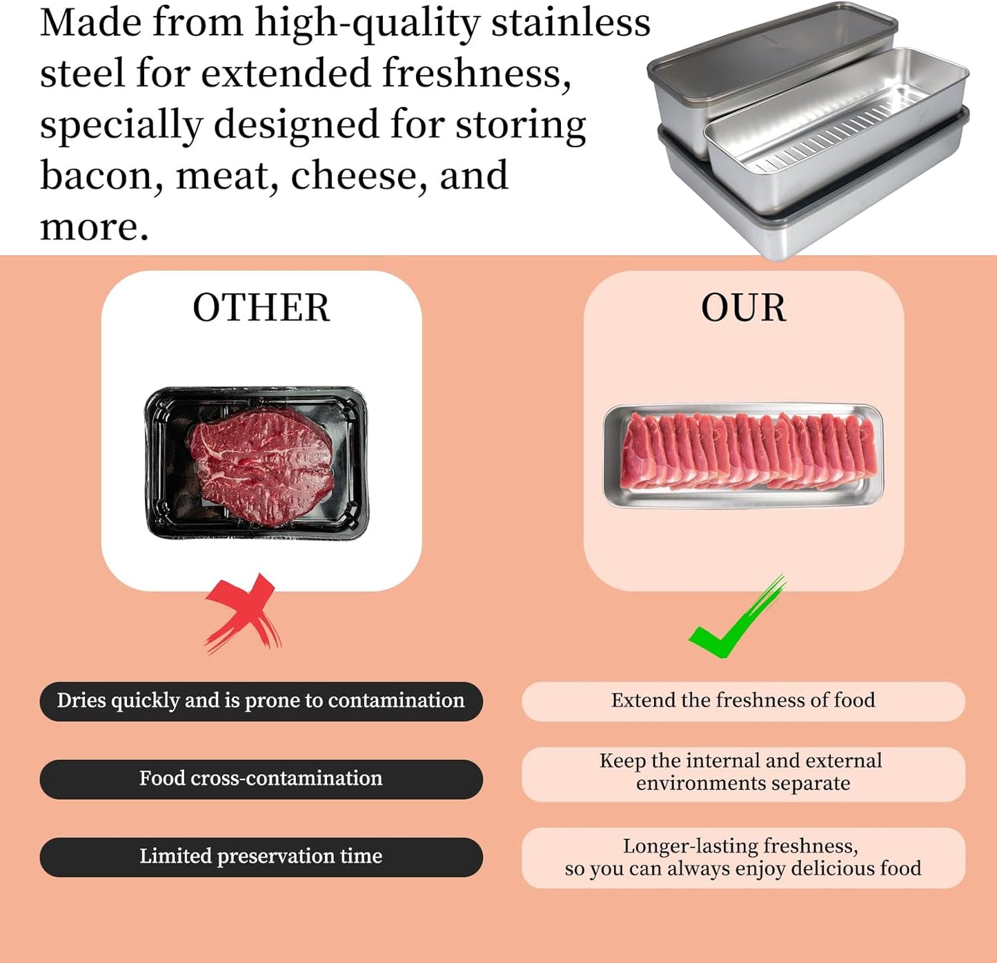 10 Pack Bacon Cheese Meat Storage Container Stainless Steel Airtight Storage Container Kitchen Food Storage Containers Fruit Tray with Lids Stackable Fridge Organizer Bins for Fruit Vegetable Food