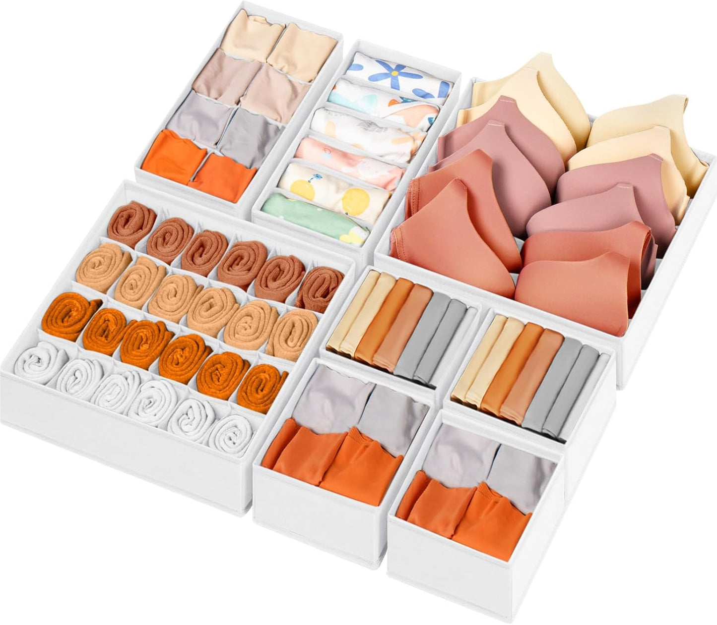 Criusia Drawer Organizer Clothes, 8 Pack Dresser Organizer Bins for Baby Clothes, Underwear Sock, Fabric Closet Organization and Storage Dividers for Nursery Bedroom (96 Compartments, White)