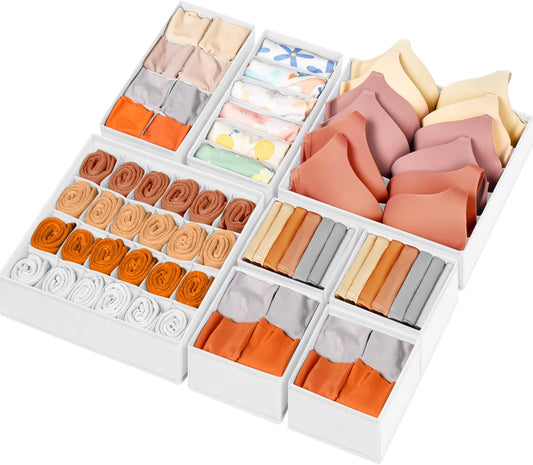 Criusia Drawer Organizer Clothes, 8 Pack Dresser Organizer Bins for Baby Clothes, Underwear Sock, Fabric Closet Organization and Storage Dividers for Nursery Bedroom (96 Compartments, White)