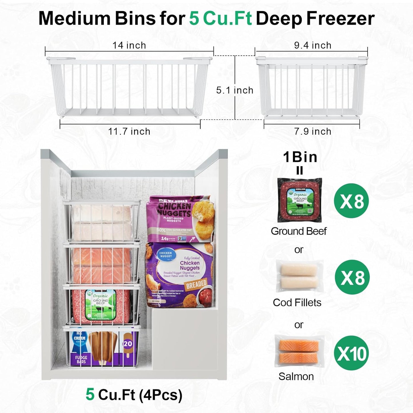 iSPECLE Freezer Organizer Bins - 4 Pack Stackable Chest Freezer Organizer for 5 Cu Ft Deep Freezer Sort Frozen Food, Deep Freezer Organizer Bins Easy to Get Food from Bottom without Digging, White