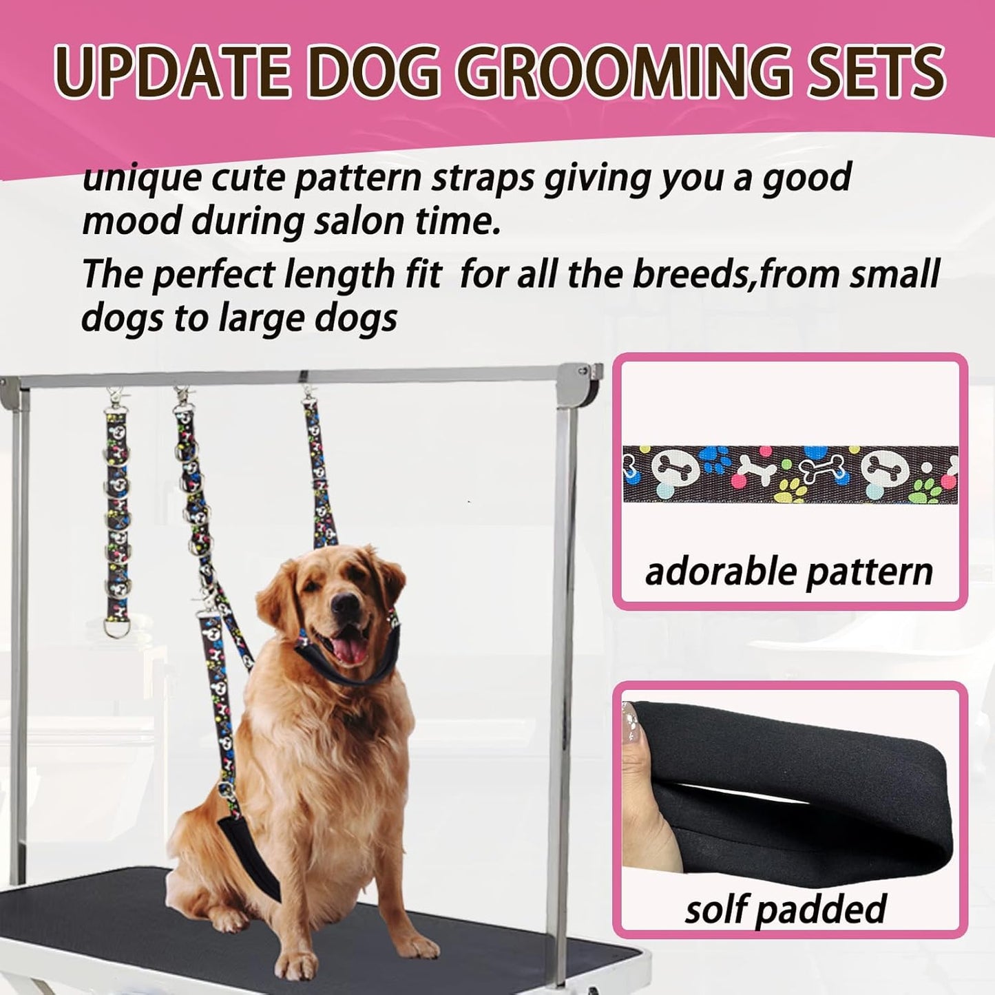 Dog Grooming Belly Straps – Adjustable Grooming Loops with Cute Paw & Bone Pattern – Pet Grooming Belly Support Band Table Accessories Restraint Noose for Small to Large Dogs(Black)