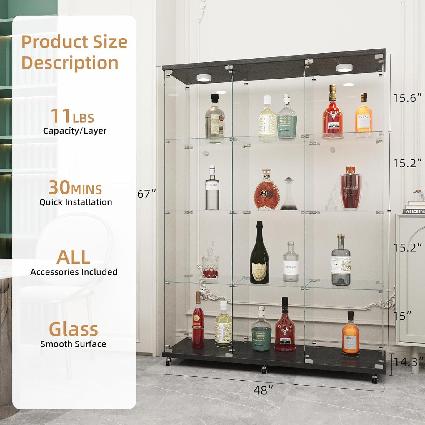 Beauty4U Glass Display Cabinet with LED Lights, Extra Large 3 Columns 2 Doors Curio Cabinets with 12 Shelves for Living Room, Bedroom, Office, Black Floor Standing DIY Glass Bookshelf