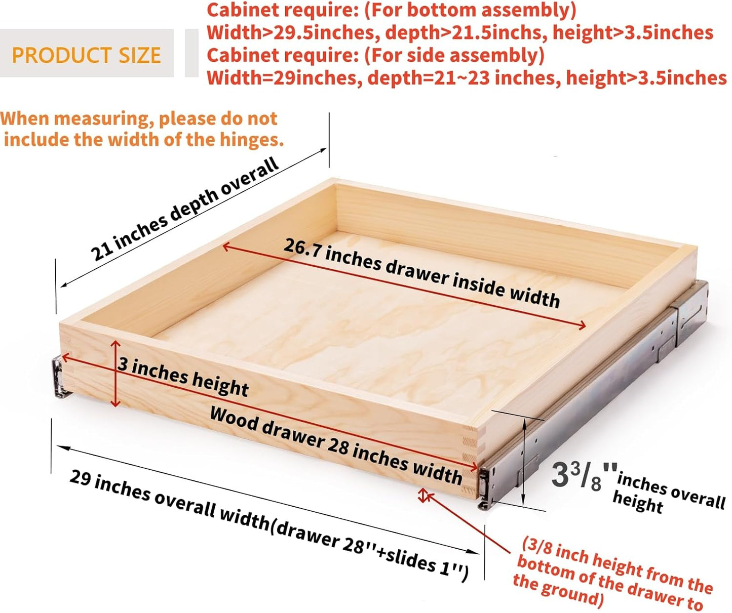 29”W x 21”D x 3”H Soft Close Slide Out Wood Drawer Organizer for Kitchen, (Cabinet Opening>29.5 inches for Bottom Assembly, Width= 29 inches for Side Assembly)