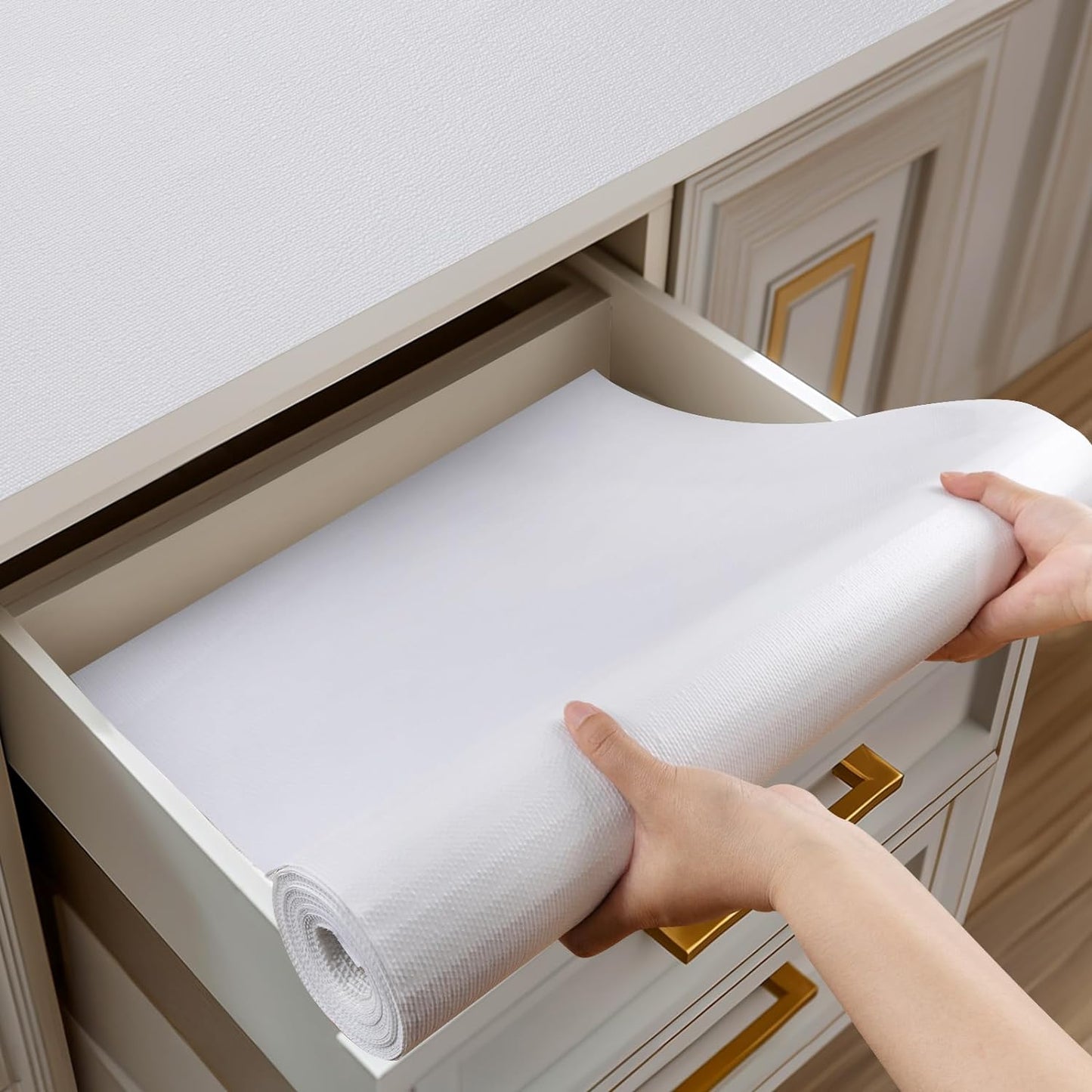 Shelf and Drawer Liner for Kitchen Cabinets Non-Adhesive, Strong Grip Non-Slip Thickened Cabinet Liners for Shelves, Waterproof Mats for Dresser Cupboard, White, 12 in x 10 Feet