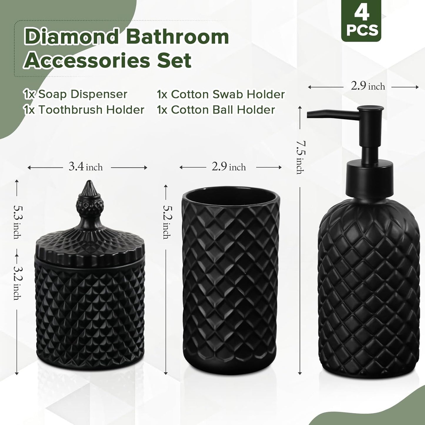 Matte Black Bathroom Accessories Set, 4 Pack Black Bath Accessory Sets Complete, Diamond Glass Soap Dispenser and Toothbrush Holder Set for Countertop, Gothic Decor Organizer Essentials