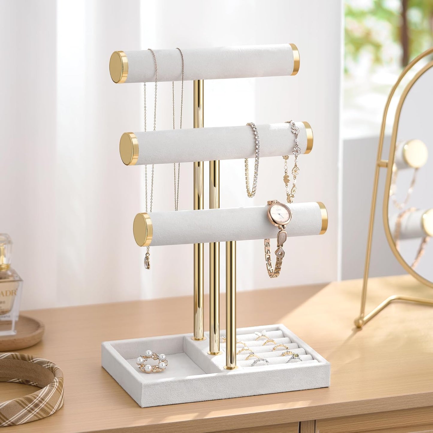 Bracelet Holder Jewelry Organizer Display - 3 Tier T Bar Velvet Stand, White Jewelry Storage for Bracelet, Necklaces, Earrings, Watches