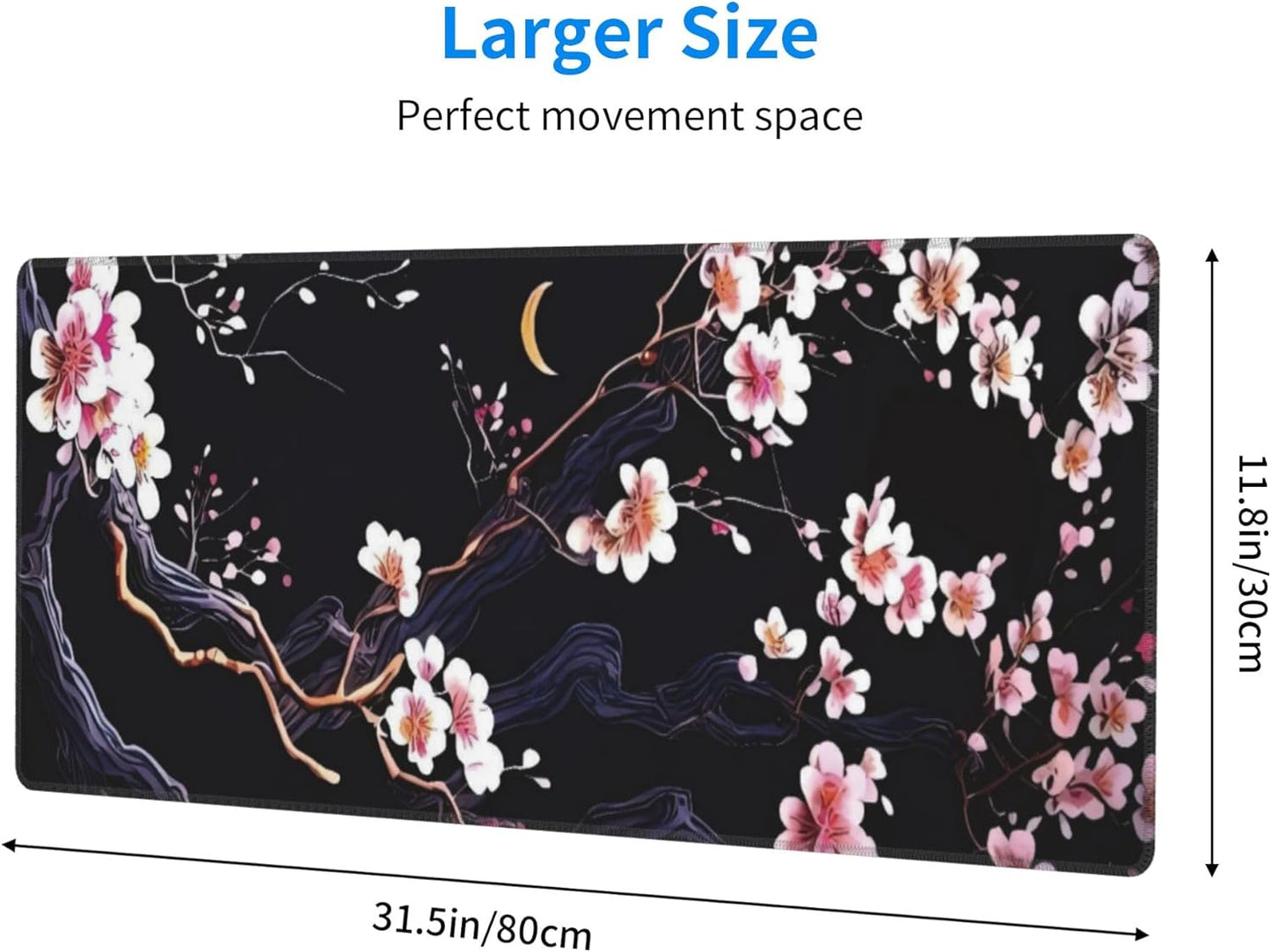 Plum Blossom and Moon Large Mouse Pad, Japanese Flowers Gaming Desk Mat, XL Keyboard Desk Pad Mat for Desktop, 31.5"x11.8" Non-Slip Base Big Mousepad with Stitched Edges