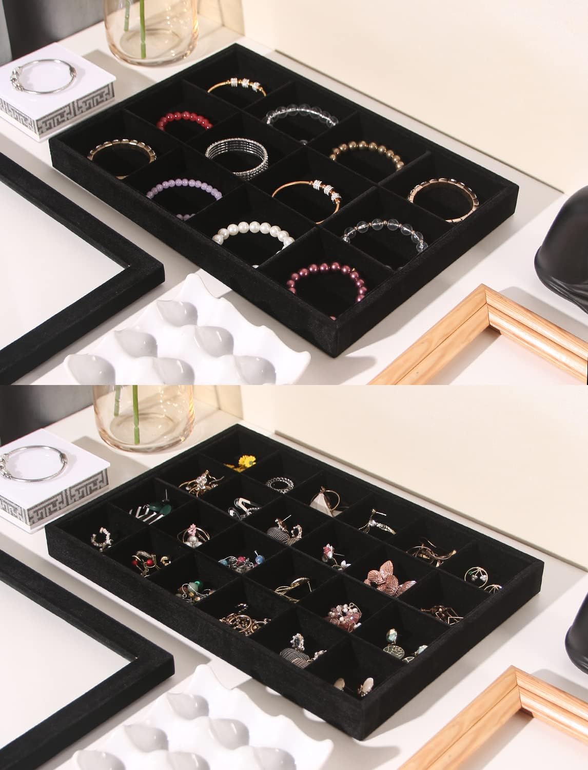 Coward Set of 5 Stackable Jewelry Organizer Tray Necklace Earring Box Storage Ring Bracelet Display Holder (Black(ring+necklace+earring+12grid))