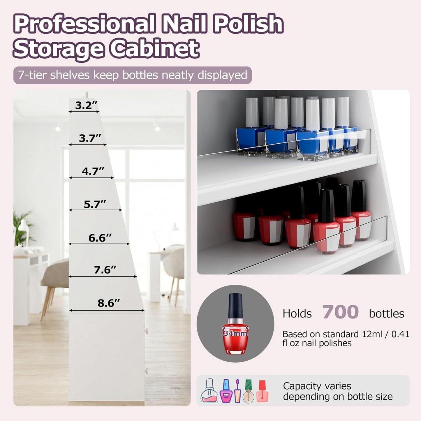 Nail Polish Rack with 2 Drawers, Salon Display & Storage Cabinet with Acrylic Baffle, Holds 700+ Bottles of Polishes, Essential Oils & Perfumes, Suitable for Nail Salon & Beauty Store, White