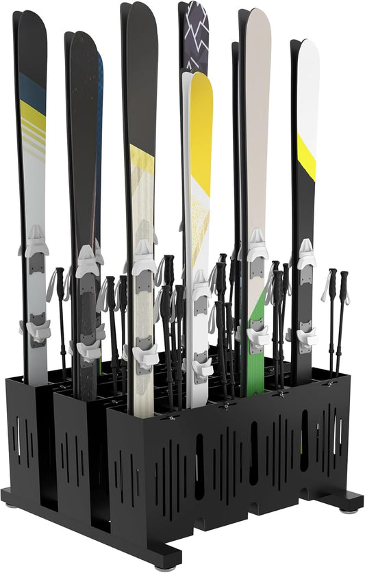 12-Pair Ski Storage Rack w/Width-Adjustable Fixing Bars, Heavy Duty Metal Freestanding Ski Rack - Ideal Organizer for Garage, Home and Store, 26" L ×25.2" W ×13.6" H