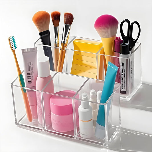 Acrylic Makeup Brush Holder, 2 Pack Clear Pencil Holder, Desk Accessories Holder with 3 Compartments, Brush Organizer for Vanity, Desk, Cosmetic Display