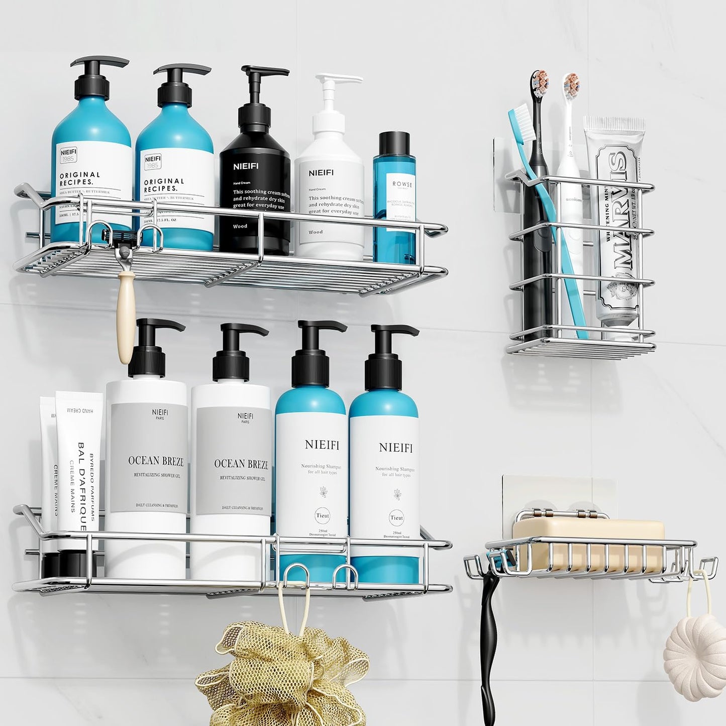 Nieifi Shower Caddy Shelf with Hooks Storage Rack Organizer Adhesive Stainless Steel without Drilling for Bathroom, Lavatory, Washroom, Restroom, Shower, Toilet, Kitchen (Sliver, 4 Pack)