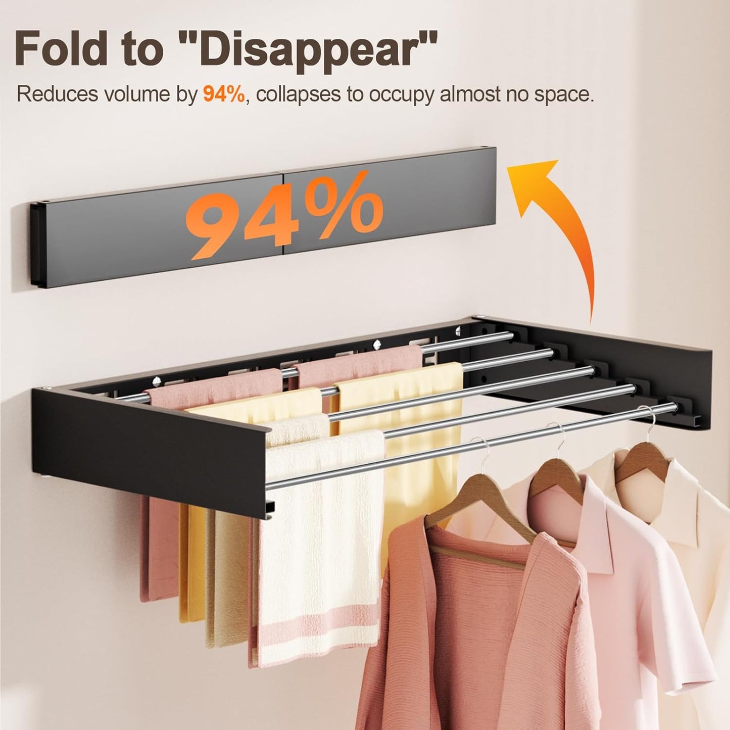 Wall Mounted Clothes Drying Rack Folding Indoor, Foldable Laundry Drying Rack Collapsible,Invisible, Space Saving, Retractable Towel Drying Rack, with Wall Template(5 Drying Rods, Black 32")