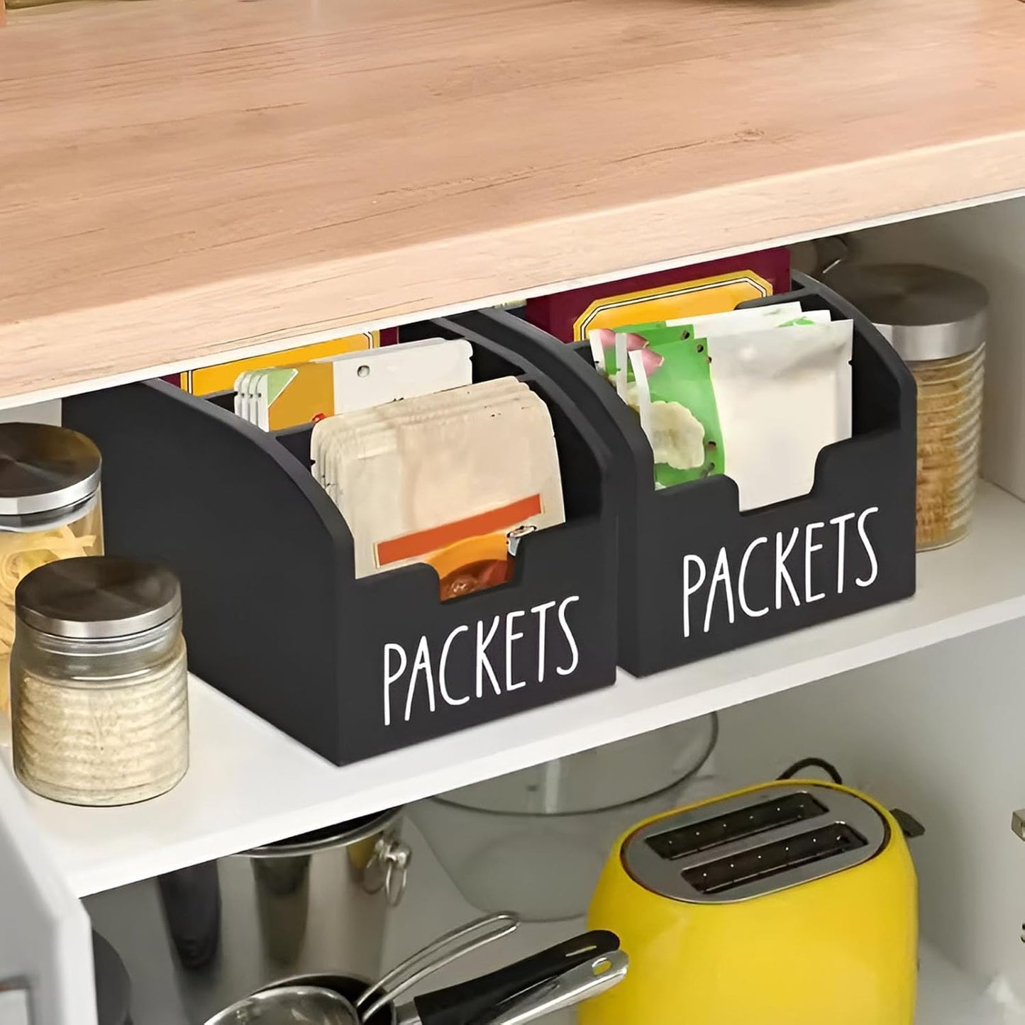 Snack Packet Organizer Box - Snack Organizer, Kitchen Countertop Storage, Portion Control Bin for Pantry | Declutter Drawer Organizers for Ramen Seasoning, taco bel Sauce, Chipotle, Crea