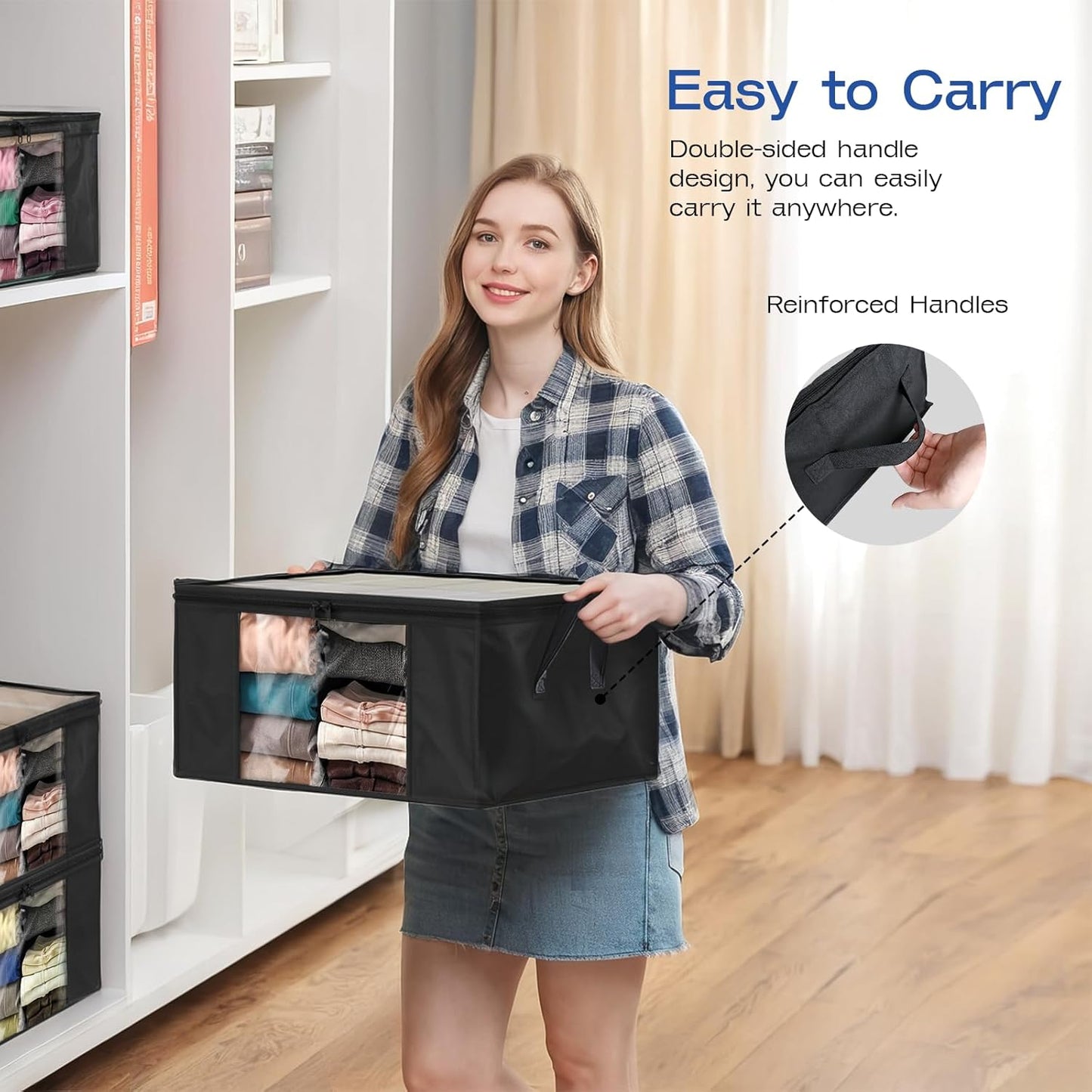 Hopack Clothes Storage Bags, Foldable Thick Fabric Blanket Storage Bags, Large Clear Window & Carry Handles, Great for Clothes, Blankets, Closets, Pillows, Toys (Black, 6PACK)