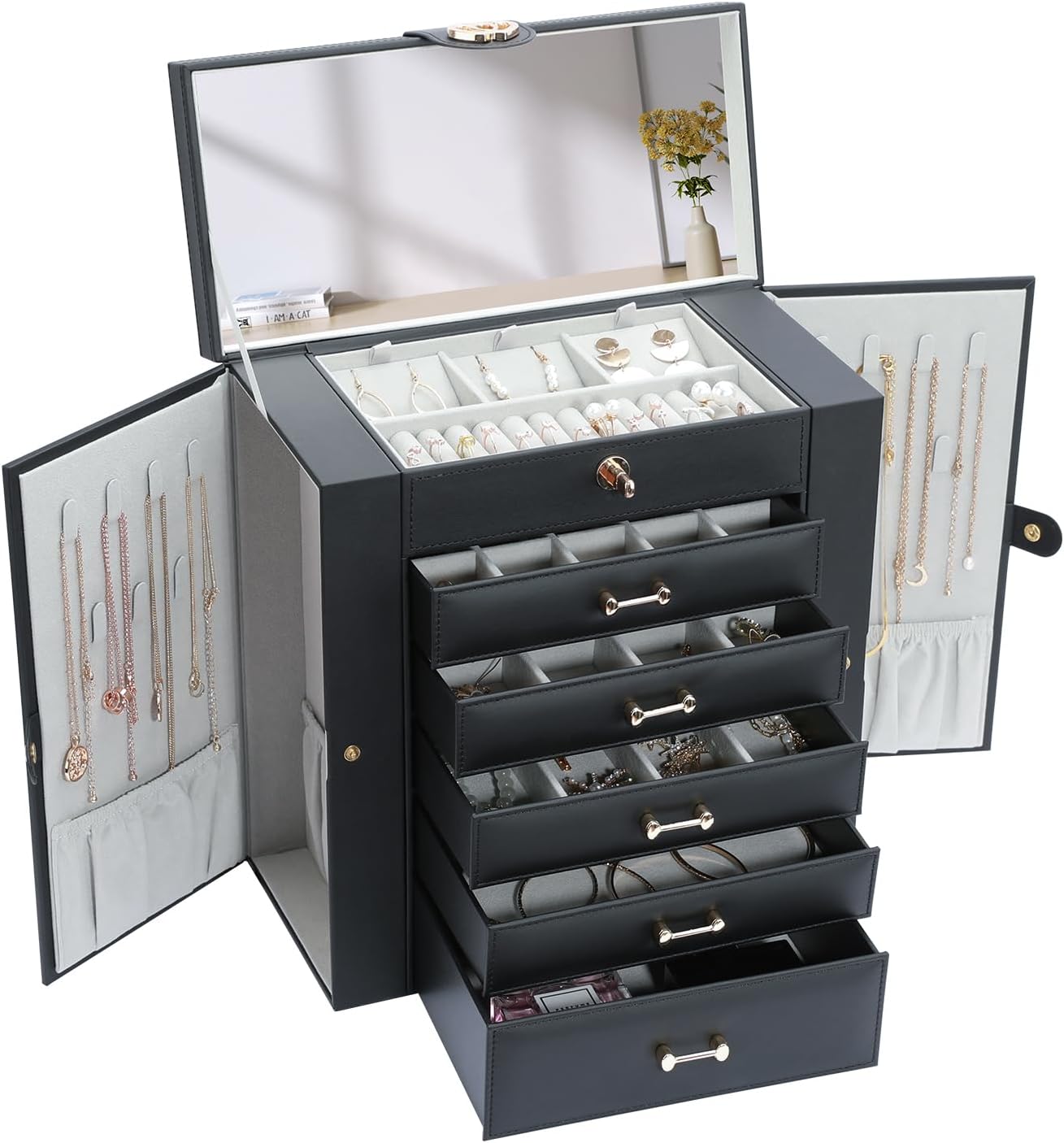 Large Jewelry Organizers and Storage, Large Jewelry Box for Women Large Jewelry Organizer, Women Jewelry Box with Mirror, Best Women Gift, Black