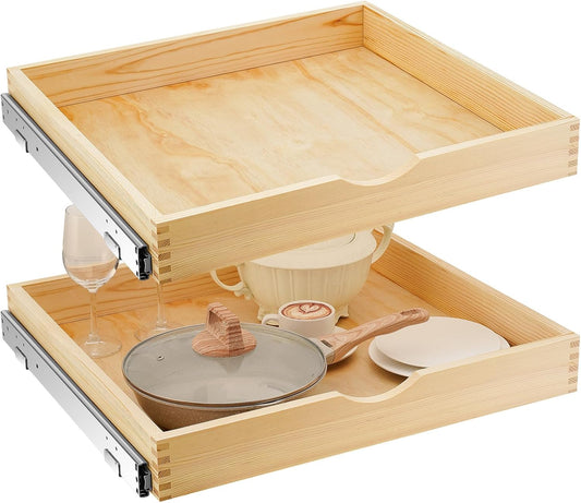 Menkxi 2 Set Pull out Tray Cabinet Organizer Wooden Pull Drawers storage Slide out Pantry Shelf for Base Cabinet Kitchen Gentle Close Fully Assembled Accessories(Wood Color,24'' X 21'' X 3'')