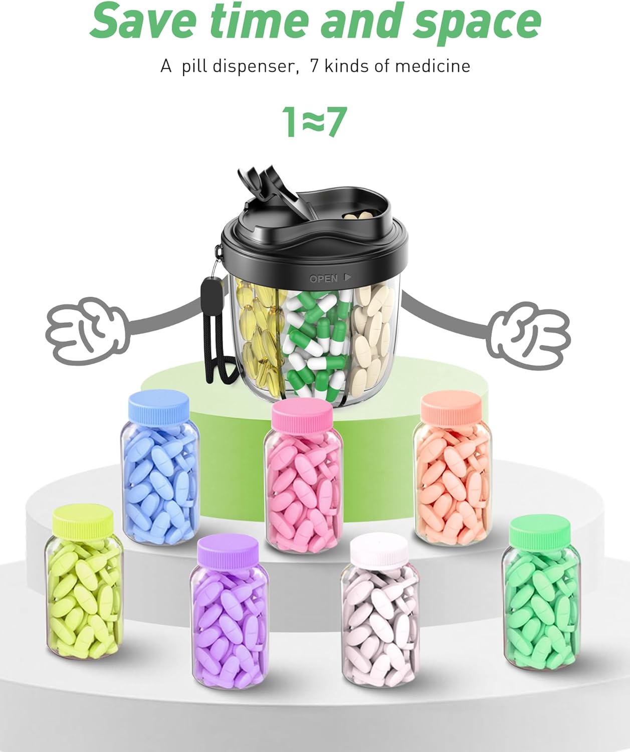 Pill Organizer,Pill Dispenser with 7 Large Compartments,Portable Pill Box for Travel Essentials,Anti-Mix Design & Wide Opening Design,Easy Access to Vitamin Dispenser,Includes 20 Blank Stickers（Black）