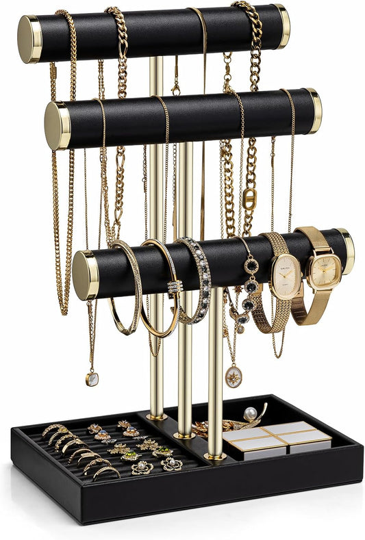 Vlando 3 Tier Bracelet Holder Organizer with Tray - Leather Jewelry Stand Organizer for Women - Jewelry Holder Display for Necklace, Watches, Rings, Earrings, Bangle, Scrunchie - Black