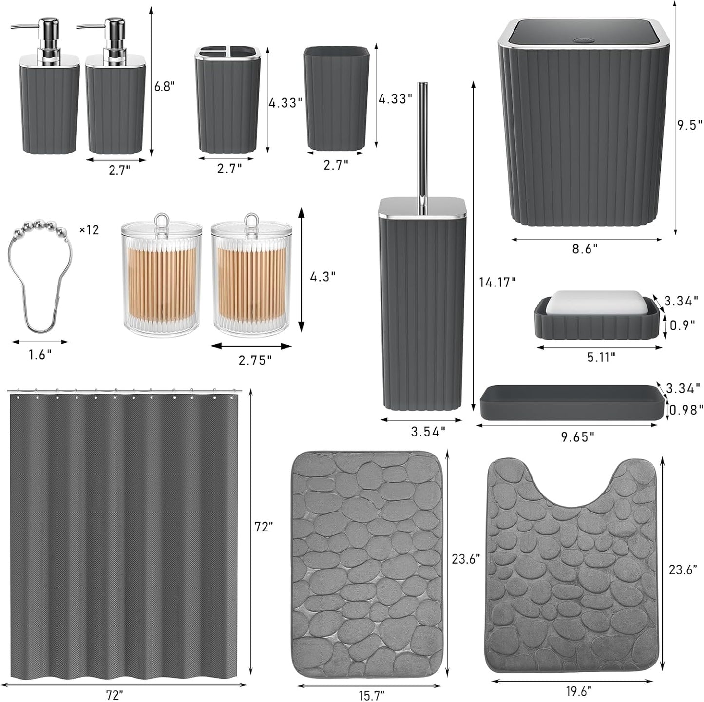 Bathroom Accessories Set- 25PC Grey Bathroom Set, Bathroom Set with Shower Curtain and Rugs, Shower Curtain Set, Toilet Brush, Trash Can, Qtip Holder Dispenser & Soap Dispenser