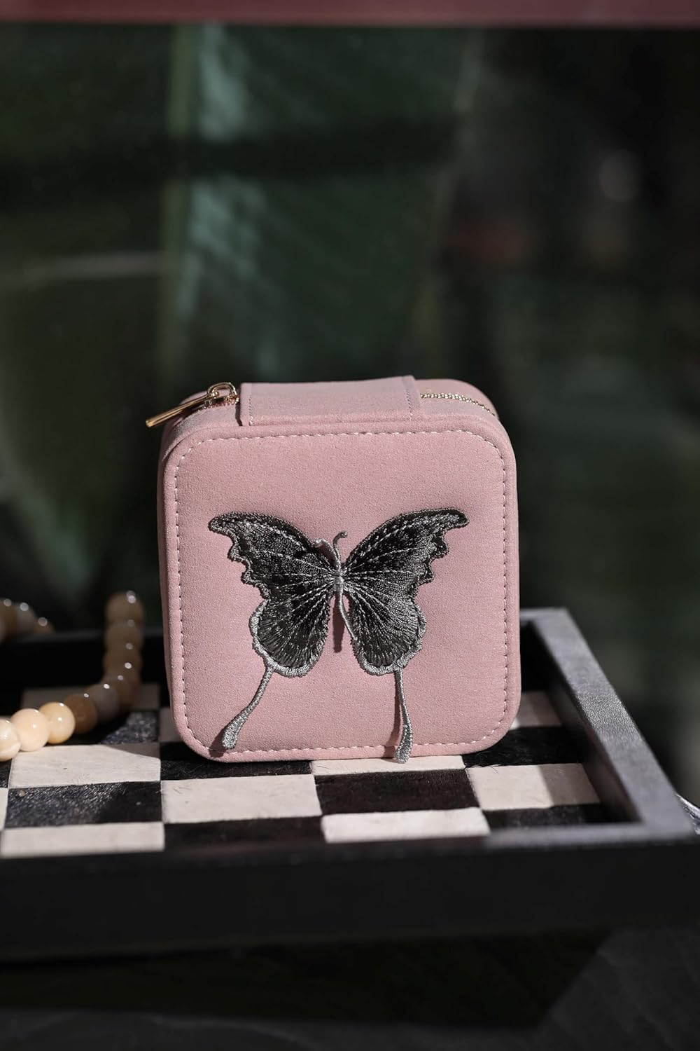 S.Leaf Travel Jewelry Organizer Boxes for Women Small Portable Necklace Earrings Bracelet Rings Travel Case Best Friend Birthday Gifts for Women Trendy (Butterfly_Pink_Gray)