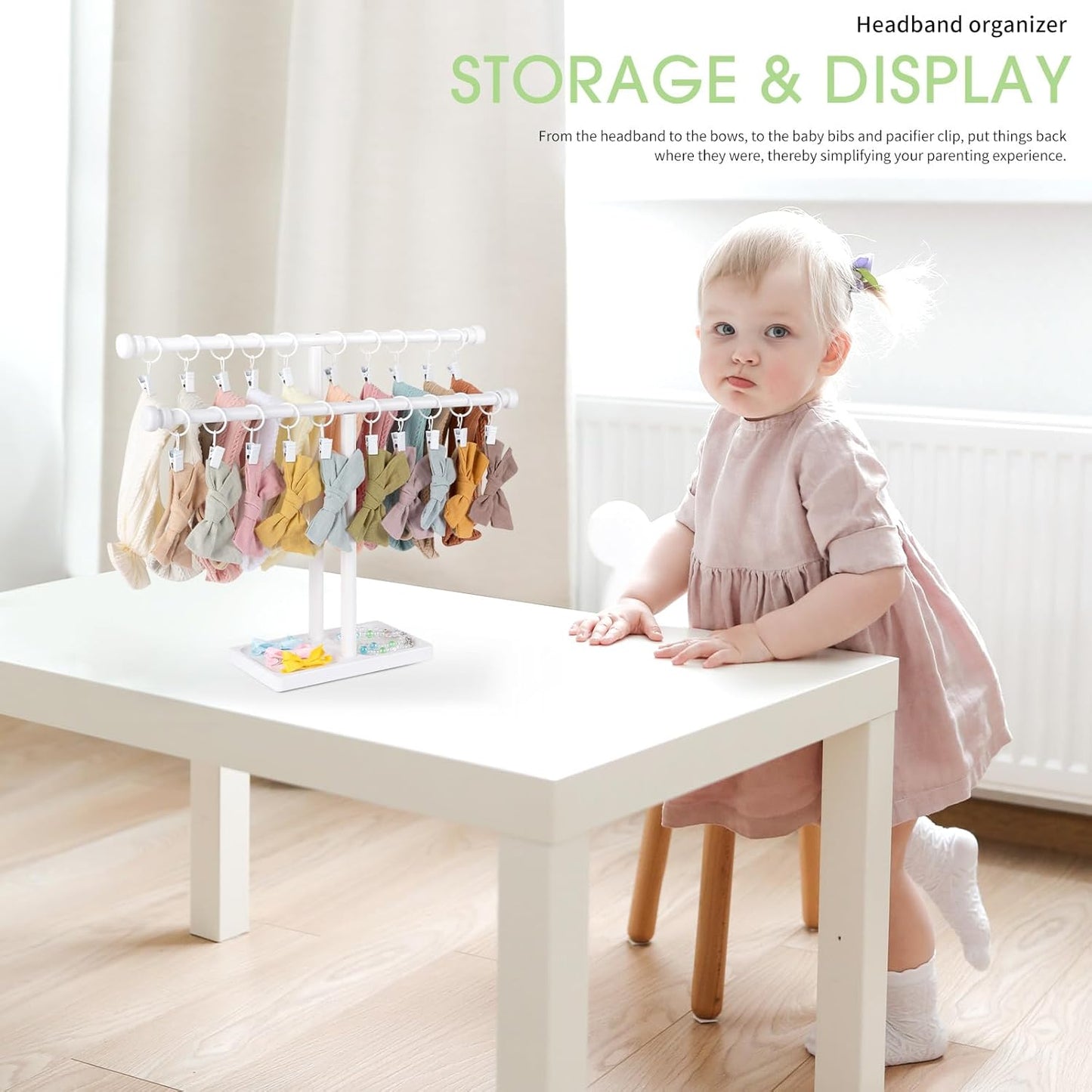 POVETIRE Headband Holder Stand Storage for Baby, 2 Tier Wooden Bow Organizer for Girls Hair Bows, Infant Hair Accessories Rack Display for Nursery Decor