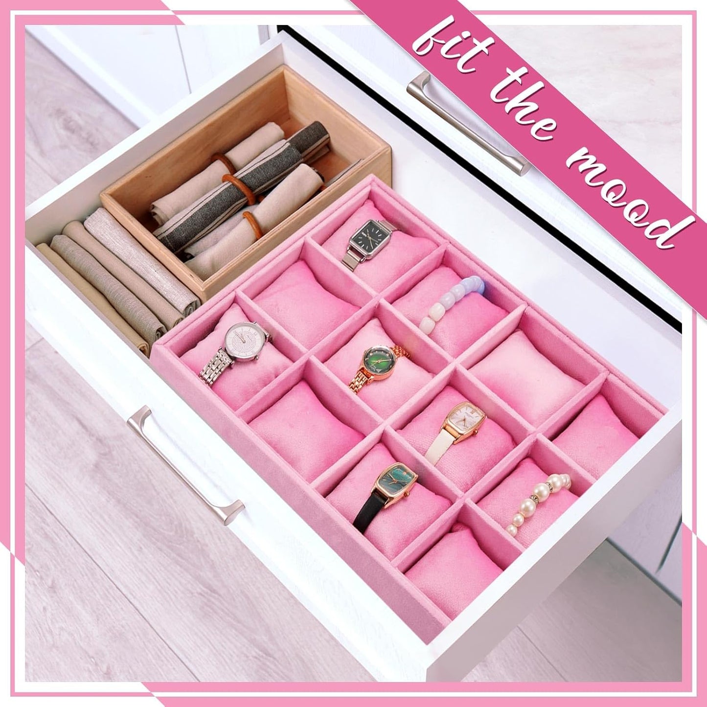 Henoyso 2 Pieces 12 Grid Velvet Watch Tray Jewelry Organizer Stackable Watch Bracelet Bangle Display Holder Adjustable Pillow(Pink)