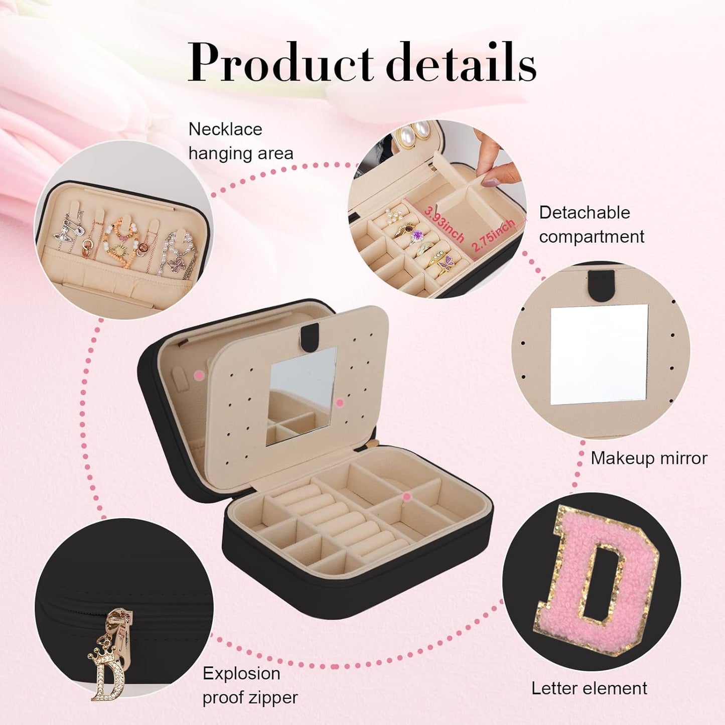TopPerfekt Travel Jewelry Case, Jewelry Box with Mirror, Jewelry Organizer Bridal Shower Gifts to Her, Earring Storage Travel Case, Trendy Gift for Women and Girls, Girlfriend-Letter D, Black