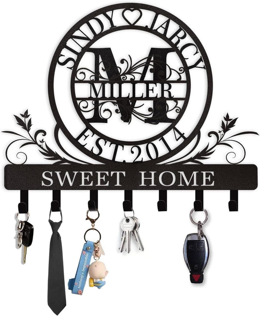 Personalized Key Holder for Wall, Custom Family Name Metal Wall Key Hanger, Key Hooks with Monogram Design, Key Rack Holder Wall Mount for Living Room Bedroom, Anniversary Couple Gift