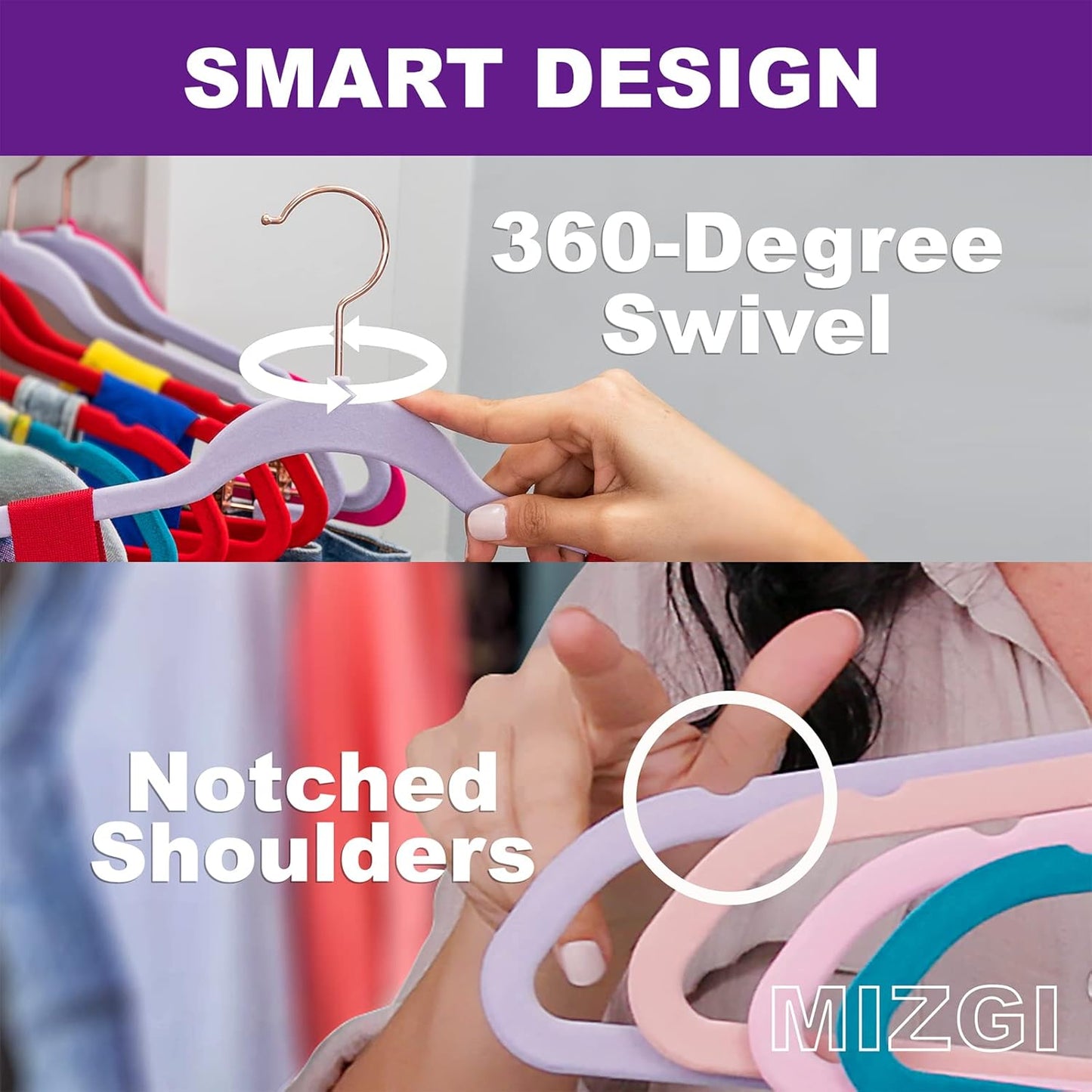MIZGI Premium Velvet Hangers (50 Pack) Heavy Duty - Non Slip Felt Hangers - White - Rose Gold Swivel Hooks,Space Saving Clothes Hanger,Durable Strong Hanger for Suits,Coats,Dress