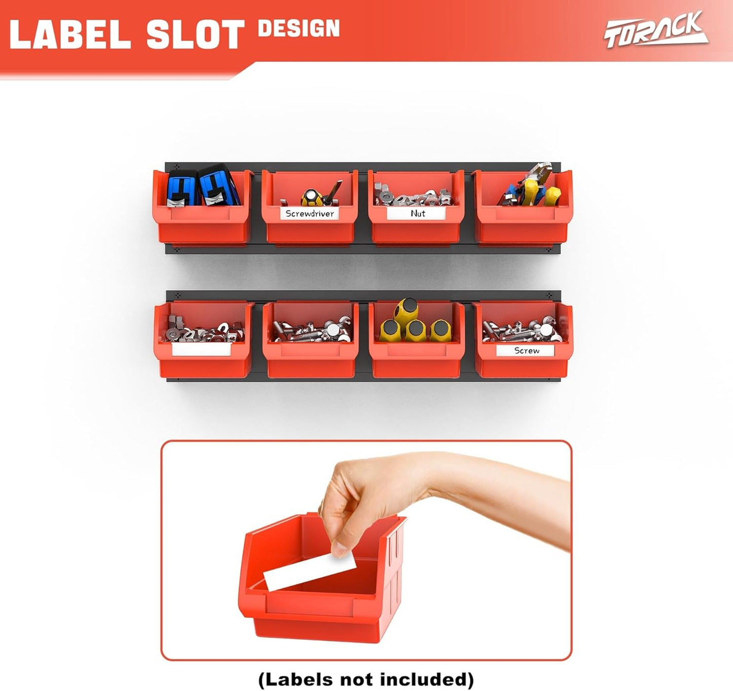 TORACK Wall-Mounted Storage Bins - 8 Plastic Bins & 2 Metal Tracks for Tools Organization in Garage, Craft Room, and Shop(Orange)