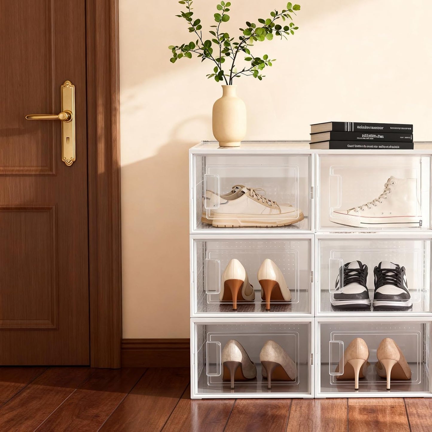 Shoe Boxes, Stack Without Toppling Modular storage boxes combine freely for use in closets, under beds, hallways, and entryways. Space-saving. (Transparent, 6 Pack)