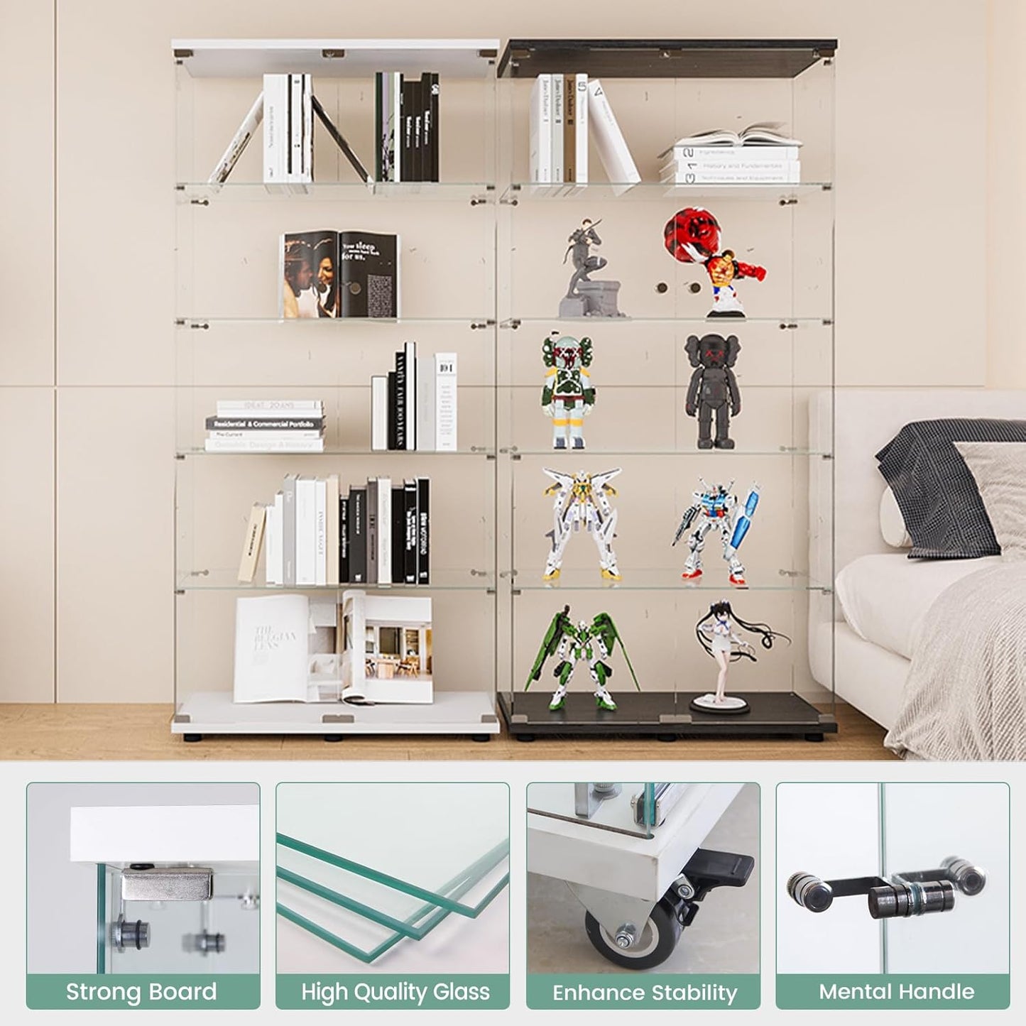Beauty4U Glass Display Cabinet with 5 Shelves, Curio Cabinets for Living Room, Bedroom, Office, White Floor Standing Glass Bookshelf, Quick Installation