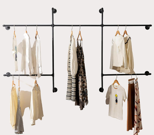 Industrial Pipe Clothes Rack Wall Mounted Clothing Rack,Heavy Duty Iron Pipe Garment Rods,Detachable Multi-Purpose Clothing Hanging Rod/Garment Bar, Black