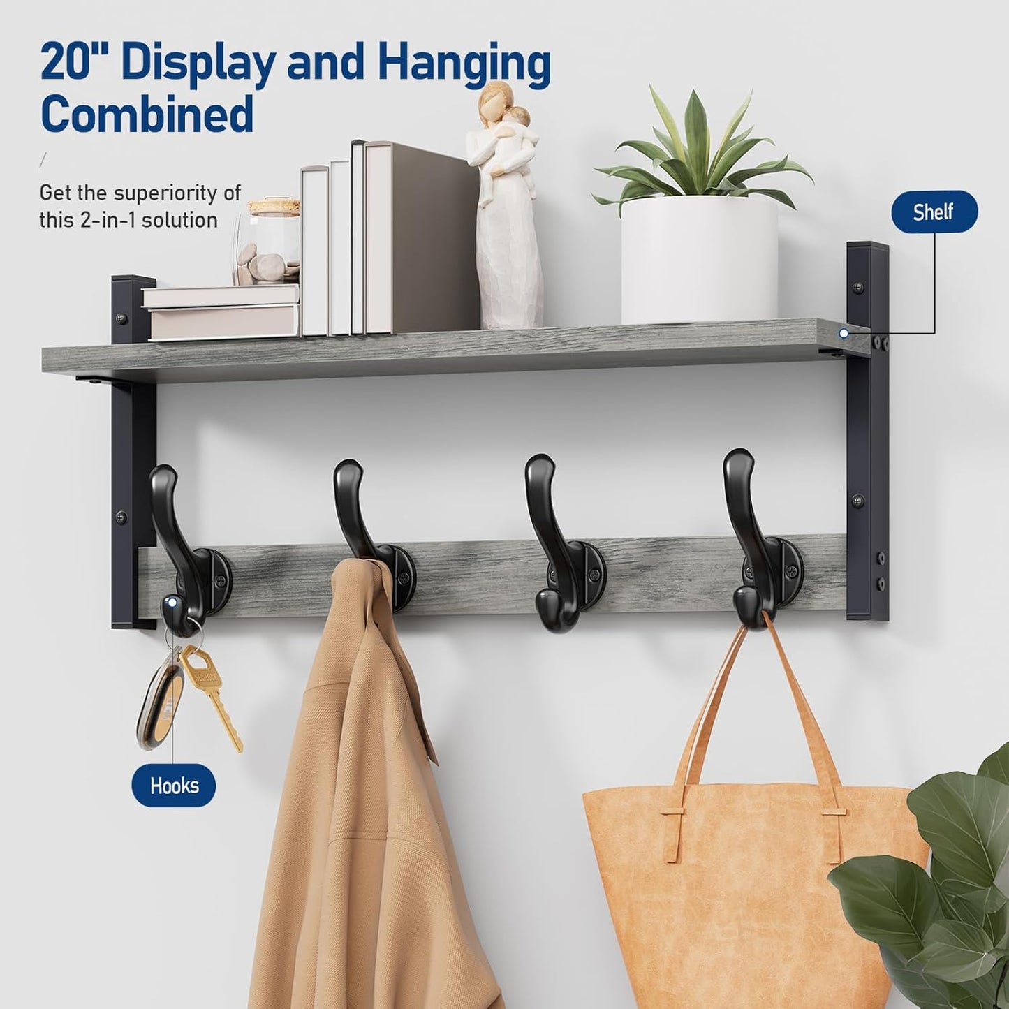 Tatub 20" Rustic Coat Rack Wall Mount with Shelf, Wall Hooks with Shelf, Heavy Duty Entryway Organizer Hangers for Hanging, Hat, Bag, Jacket for Bathroom, Living Room, Bedroom, Gray