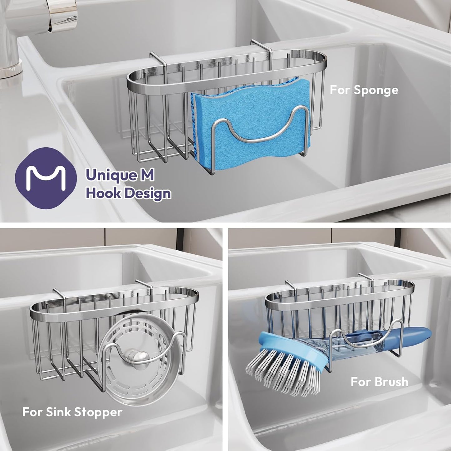 SWTYMIKI Sponge Holder for Kitchen Sink - Movable Kitchen Sink Caddy with M Shape Hook Stainless Steel Hanging Sponges Caddy Organizer in Double Bowl Sinks Depth>3.15in, Middle divider<1.5in, Silver L