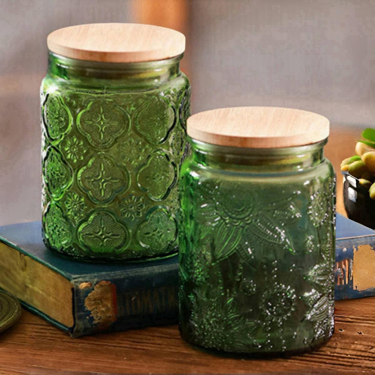 ANSQU 4-Pack Vintage Glass Jars with Airtight Lids, 23.7oz Glass Food Storage Containers for Kitchen Pantry Coffee, Tea, Candy, Cookie, Decorative Mason Jar (Blue&Green)