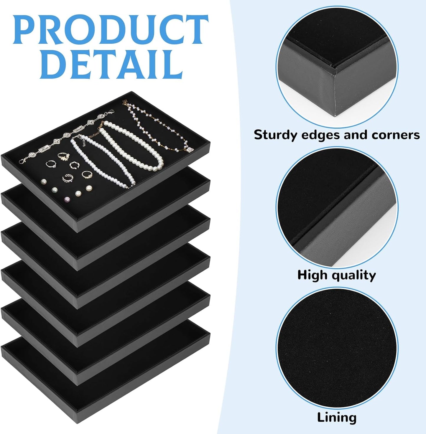 Rainmae 6 Pcs Velvet Stackable Jewelry Tray Showcase Display, Jewelry Organizer Trays for Drawers and Countertop, Black Empty Plates for Necklace, Ring, Bracelet, and Earring Storage Display