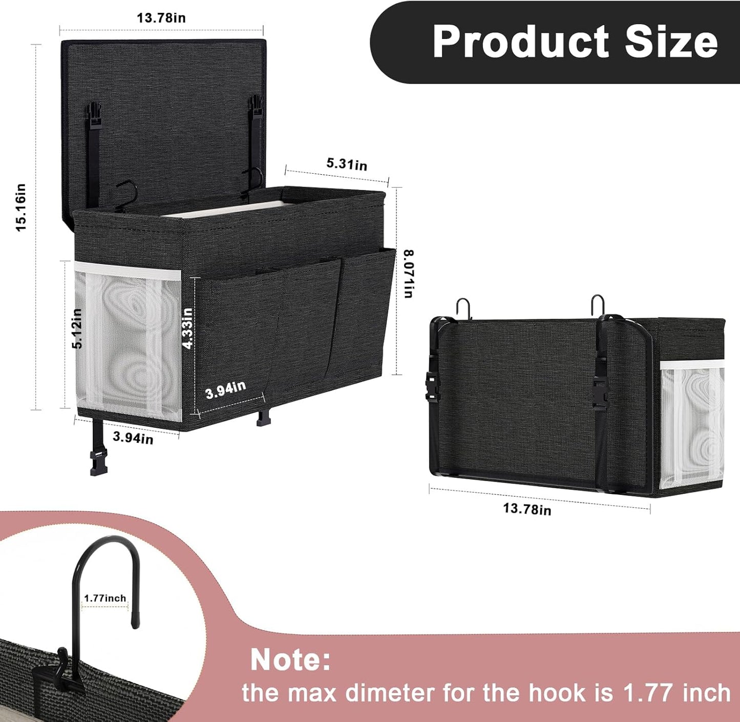 Dual-purpose Bedside Caddy Bedside Organizer, Bed Caddy with 6 Pockets, Versatile Bedside Storage Solution Magazine Remotes holder, ideal for Home, Dorm, Hospital, Crib Bed (Black 2 pcs)