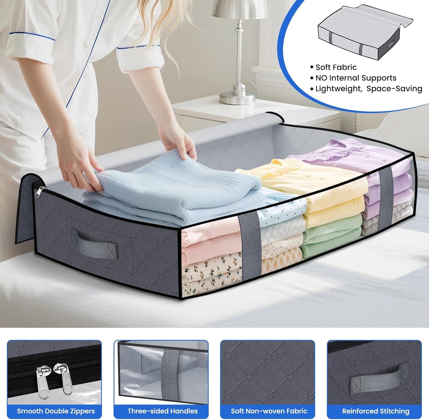 Under Bed Storage Containers, 2 Pack Blanket Storage Bags, Collapsible Storage Bags with Big Zippers, Clear Front, Shoe Storage and Organization for Clothes, Comforter, 75L, Grey